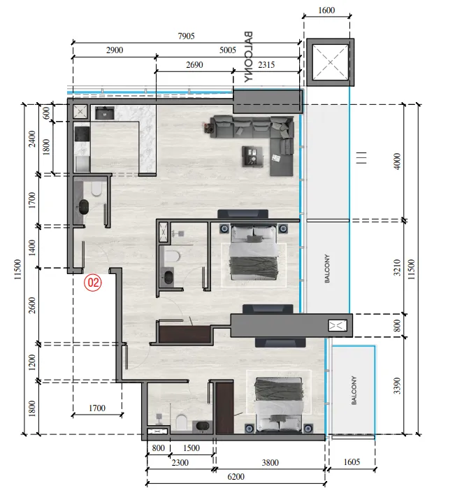 2 bedroom Apartments floor plan at Auresta Tower