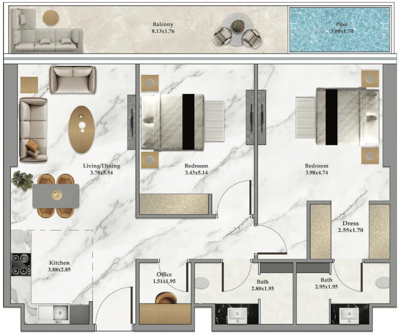 2 bedroom Apartments floor plan at Bayz 102