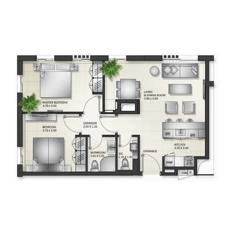 2 bedroom Apartments floor plan at Al Mamsha Sharjah