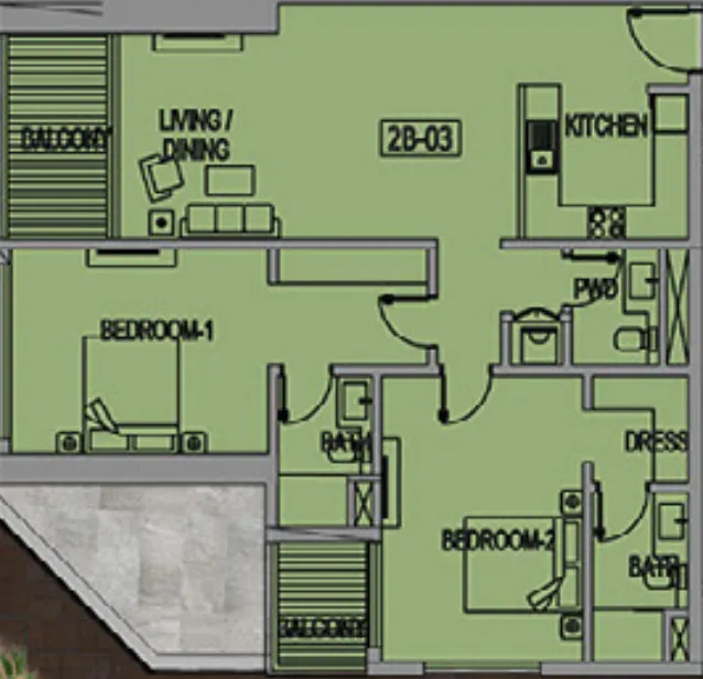 2 bedroom Apartments floor plan at Jade Tower
