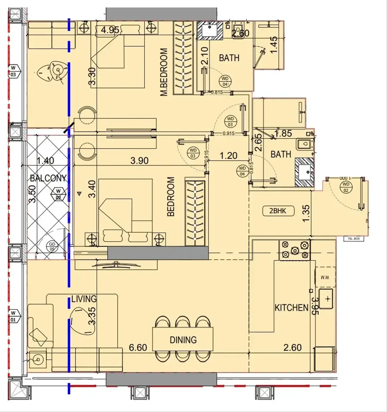 2 bedroom Apartments floor plan at Binghatti Starfall