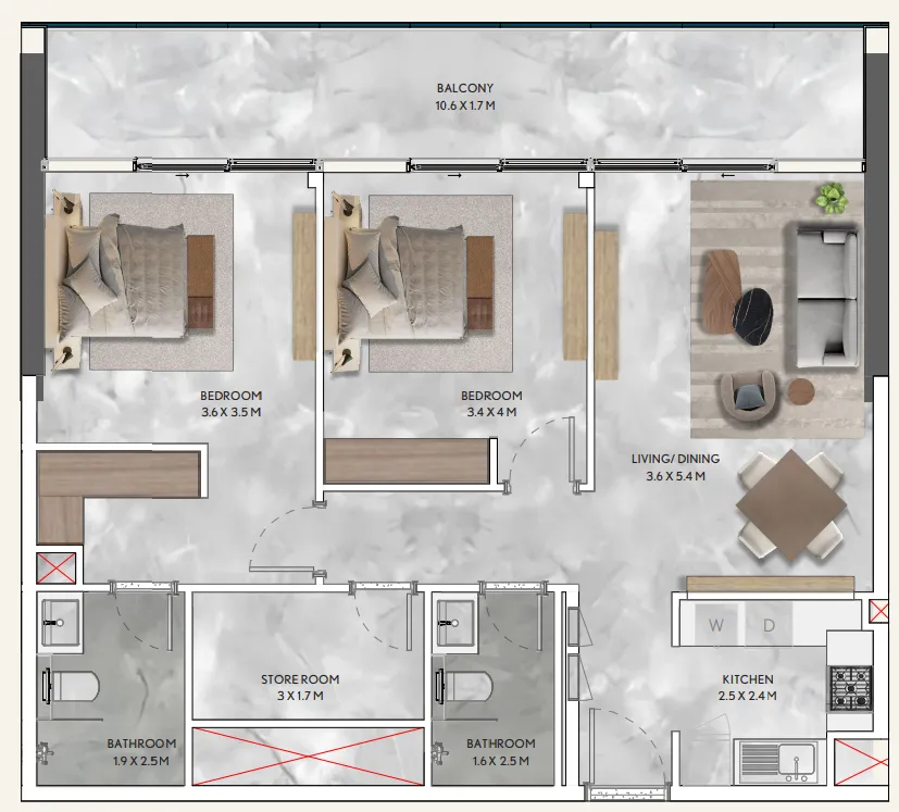 2 bedroom Apartments floor plan at California Residences
