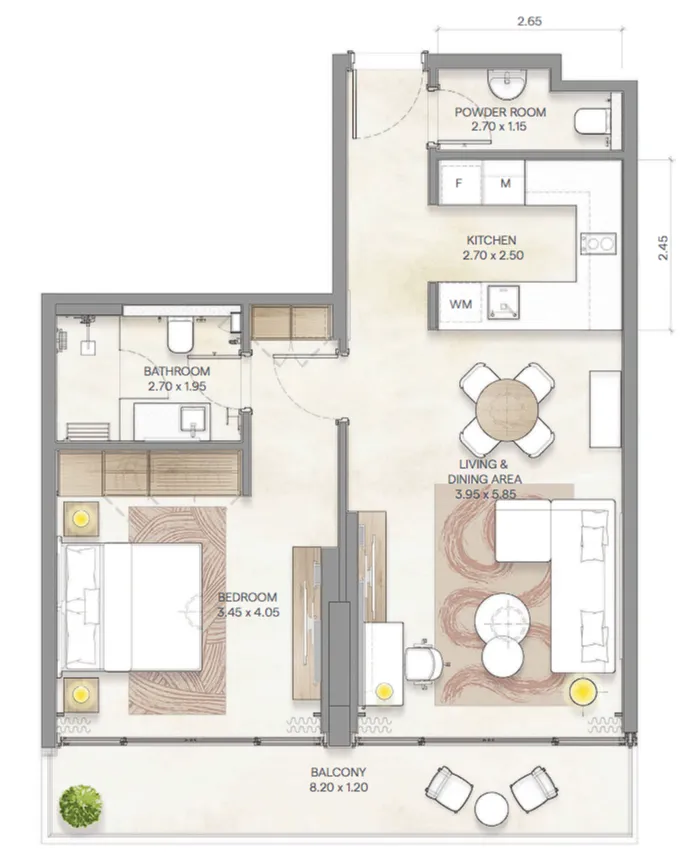 1 bedroom Apartments floor plan at Bloom Arjaan by Rotana