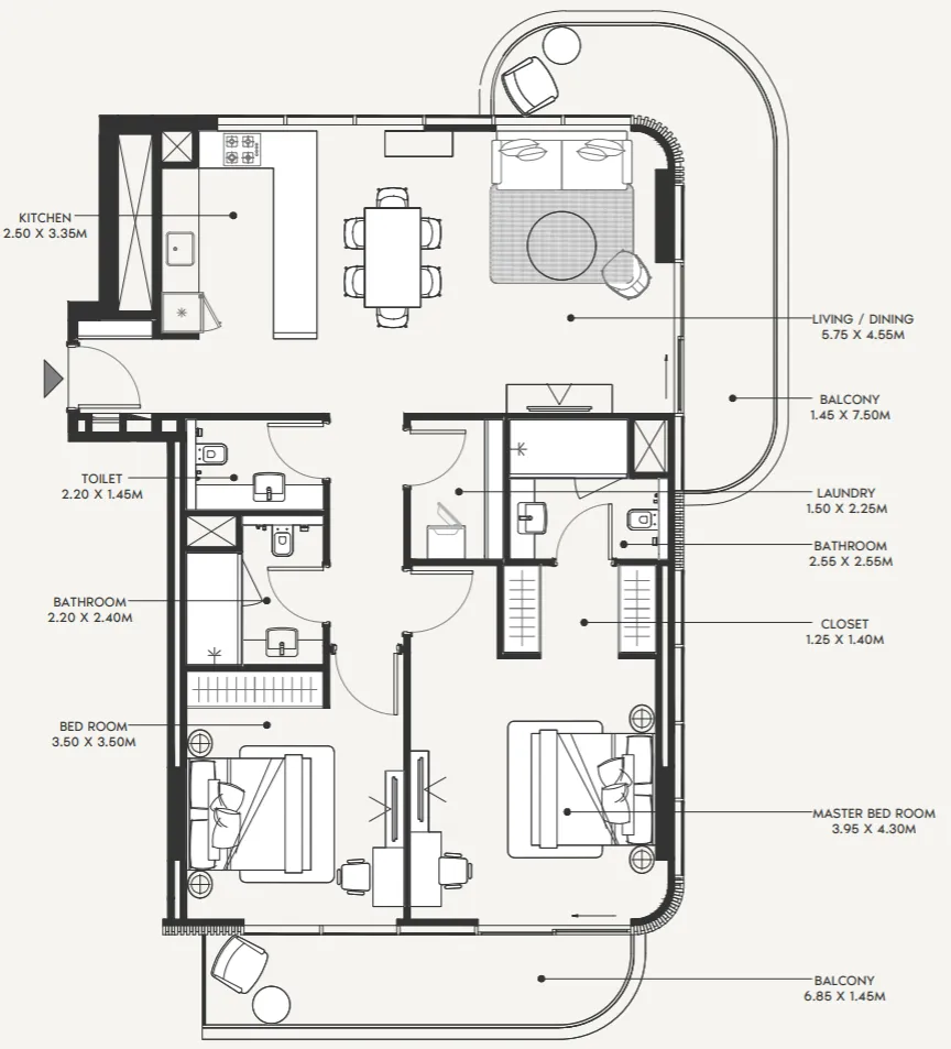 2 bedroom Apartments floor plan at Azizi Amir