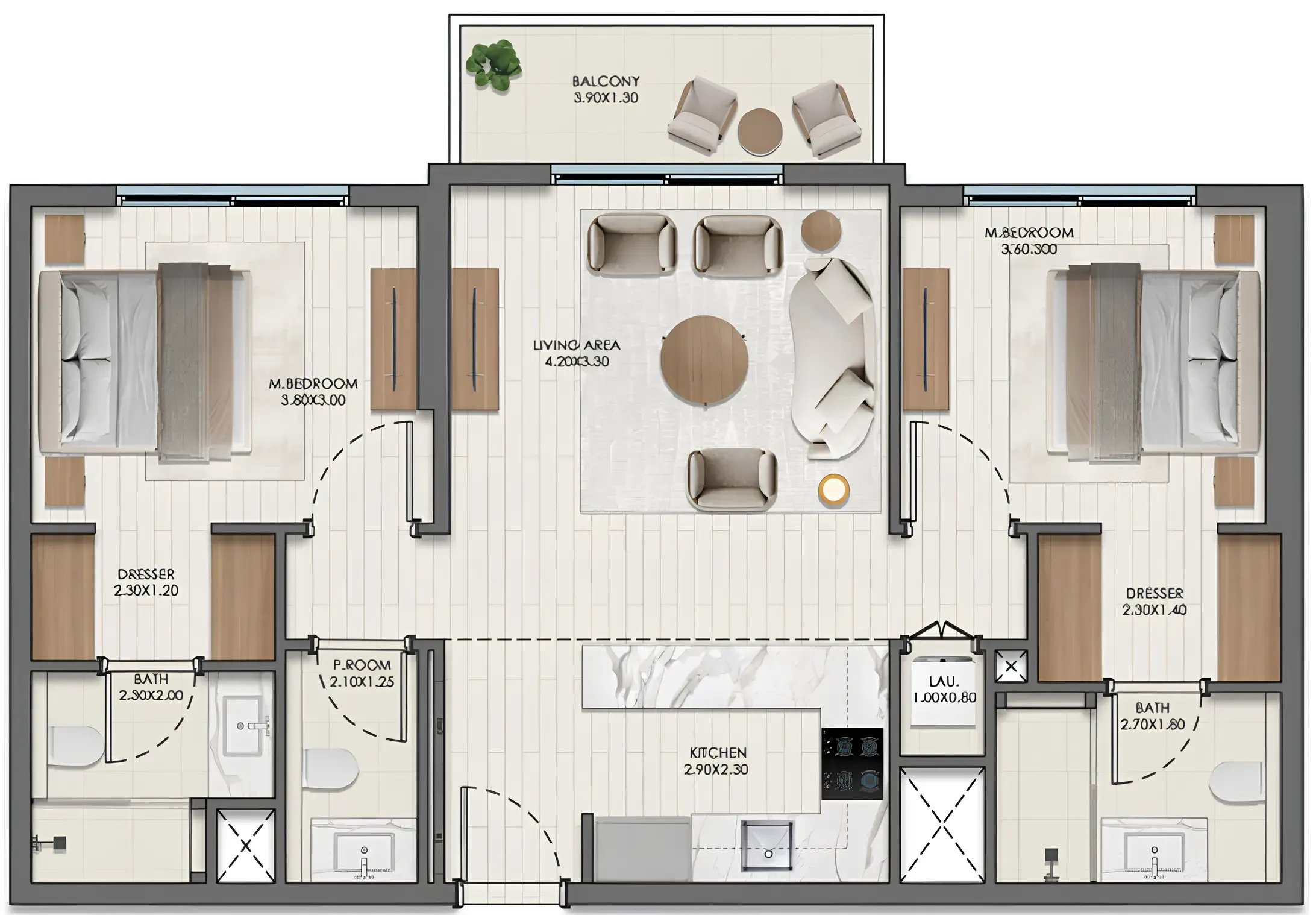 2 bedroom Apartments floor plan at Evelyn on the Park