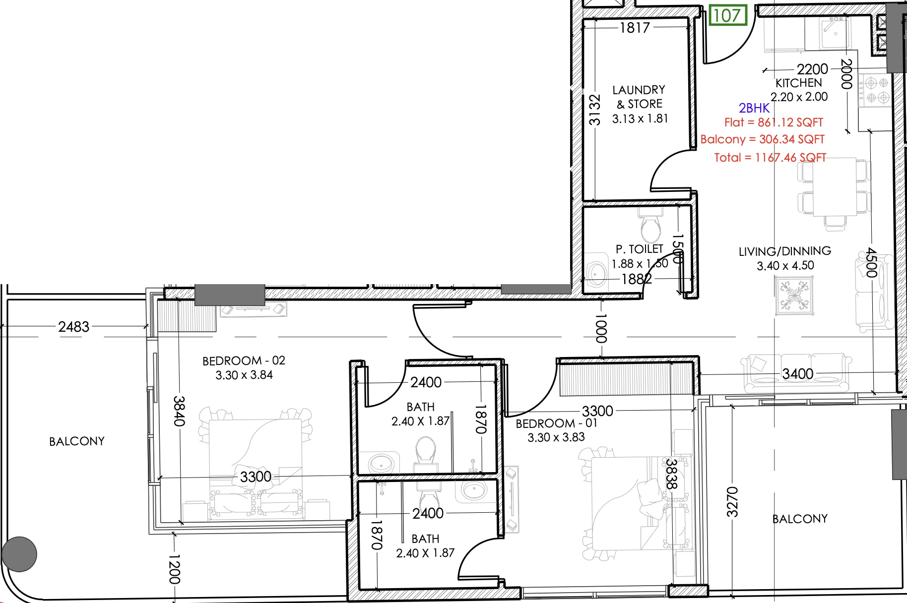 2 bedroom Apartments floor plan at Terra Tower