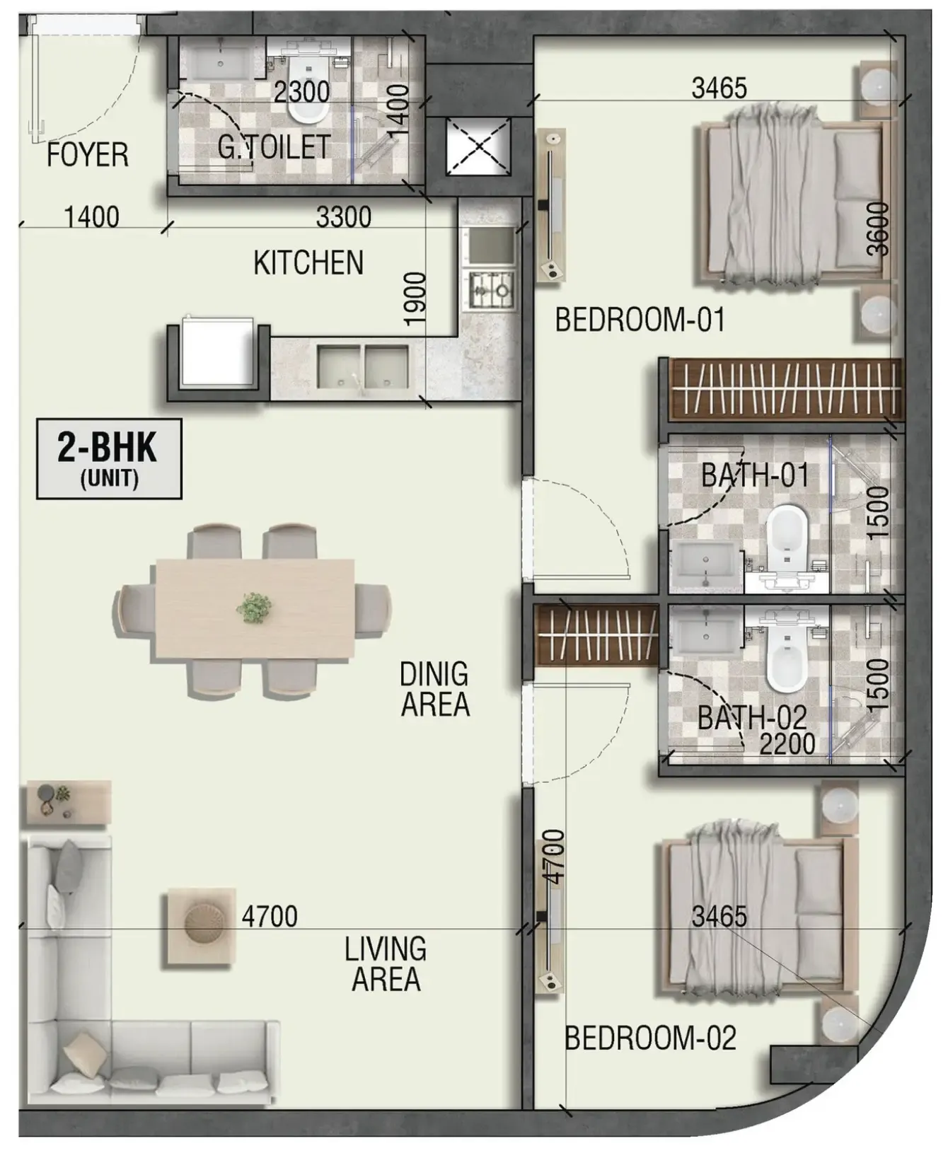 2 bedroom Apartments floor plan at Ramada Residences by Wyndham in Dubai South