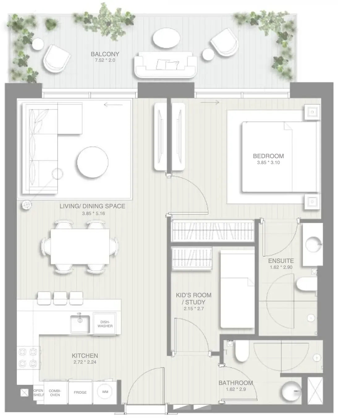 1.5 bedroom Apartments floor plan at Sol Levante