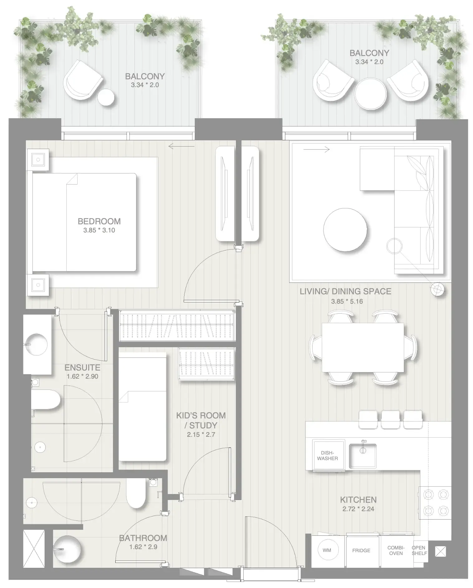 1.5 bedroom Apartments floor plan at Sol Levante