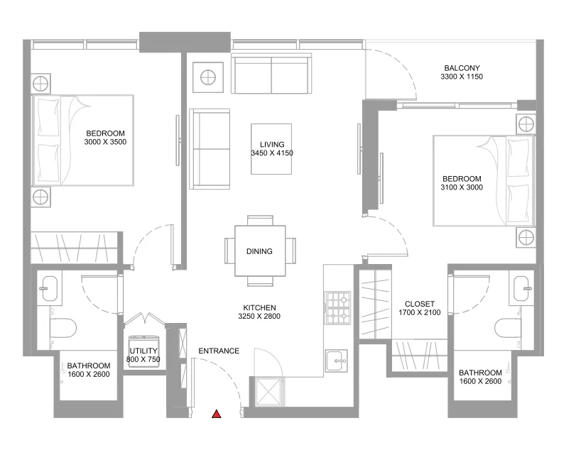 2 bedroom Apartments floor plan at Coastline Beach Residences