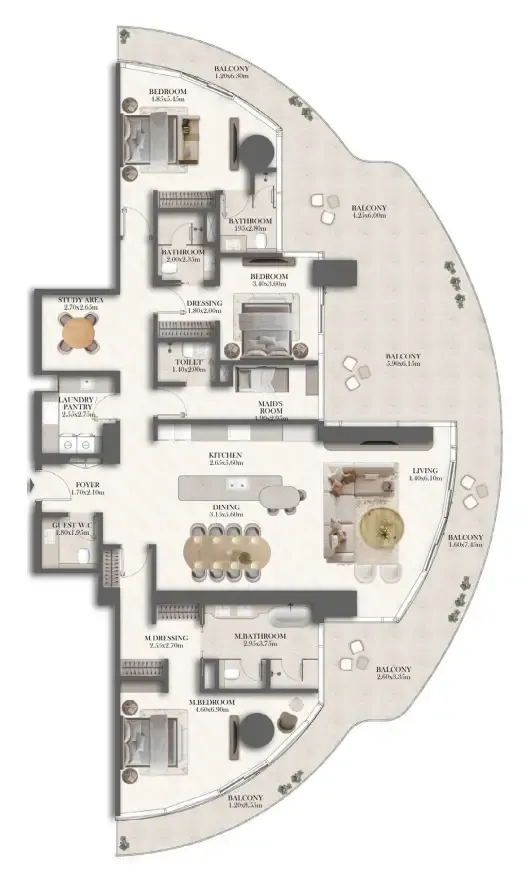 3 bedroom Apartments floor plan at Jumeirah Residences at Al Maryah Island