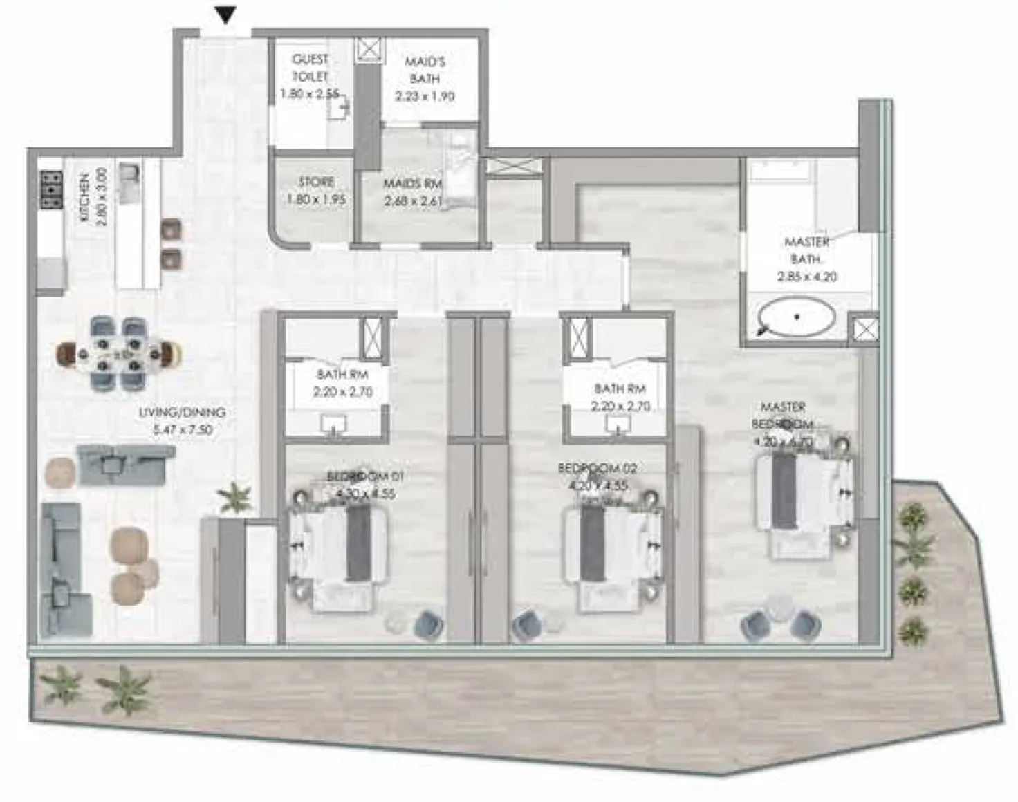 3 bedroom Apartments floor plan at Habtoor Grand Residences