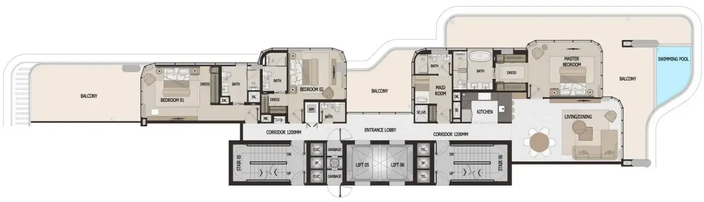 3 bedroom Apartments floor plan at Vitalia Palm Jumeirah Residences