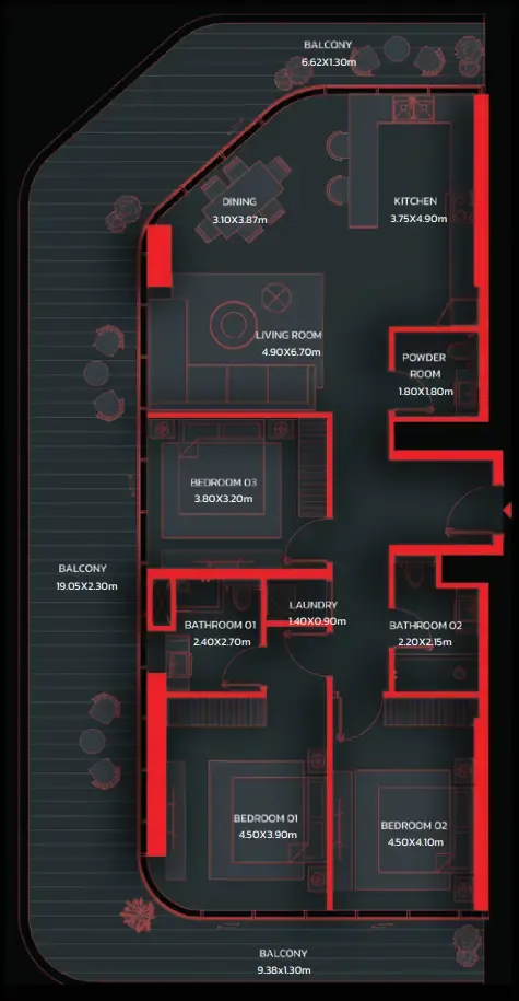 3 bedroom Apartments floor plan at Tonino Lamborghini Residences by BNW Developments