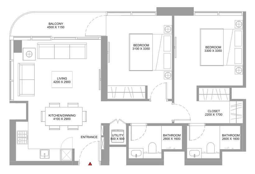 2 bedroom Apartments floor plan at Coastline Beach Residences
