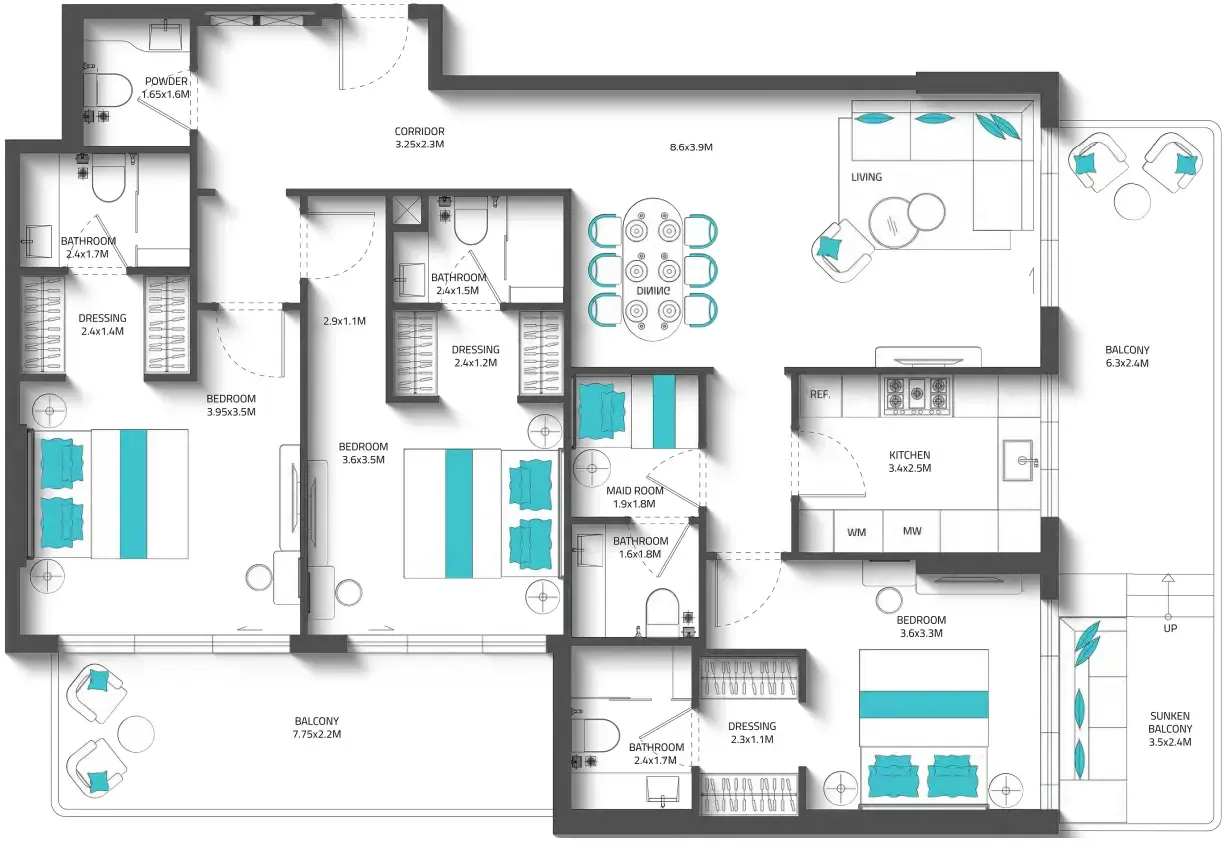 3 bedroom Apartments floor plan at Reef 996