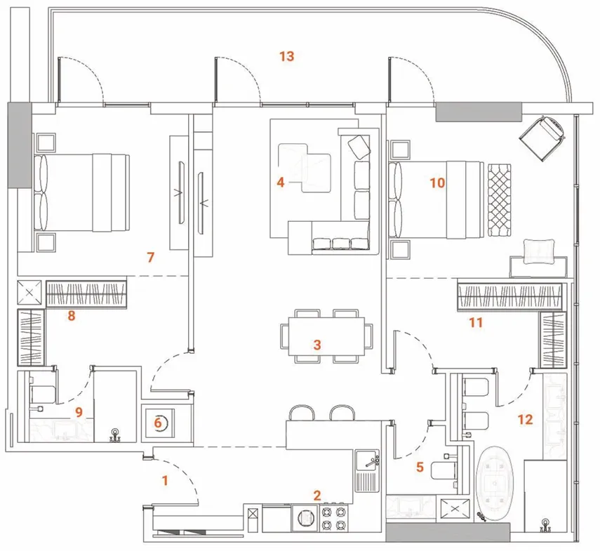 2 bedroom apartments floor plan at The Orchard Place Tower C