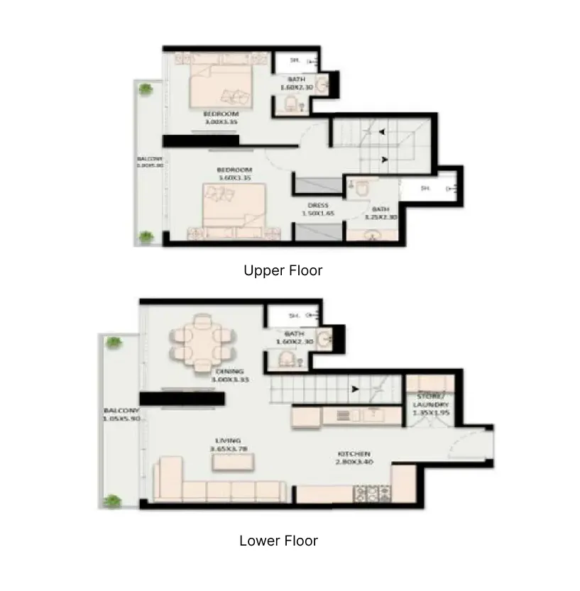 2 bedroom Duplex floor plan at Golden Wood Views V