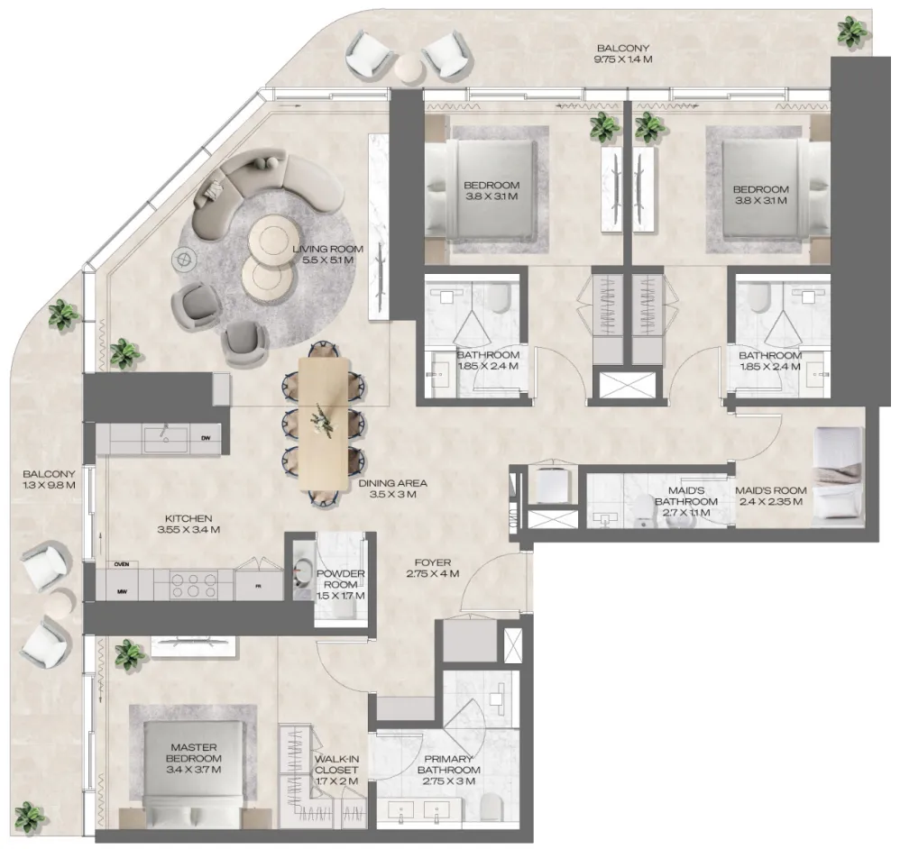 3 bedroom Apartments floor plan at DWTN Residences