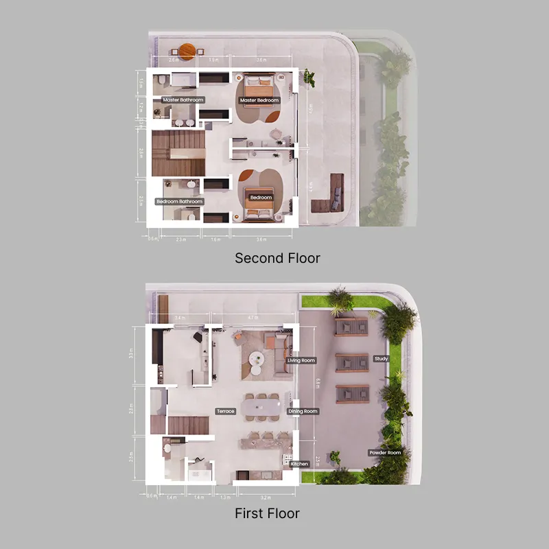 2 bedroom Duplex floor plan at Verdes by Haven