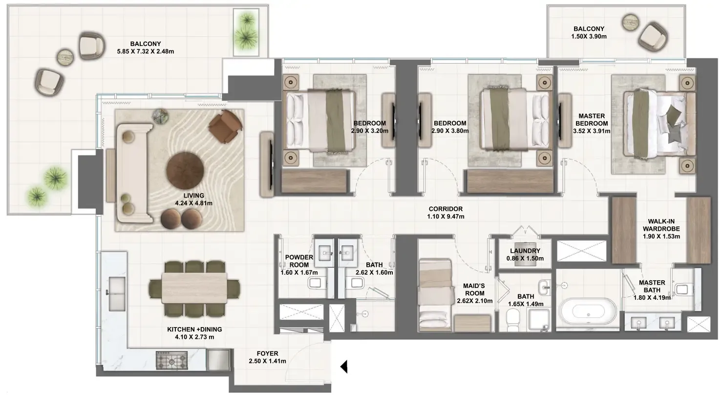 3 bedroom Apartments floor plan at Silva Dubai Creek Harbour
