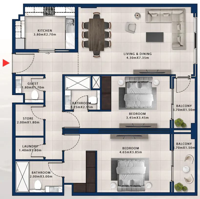 2 bedroom Apartments floor plan at Asayel Avenue
