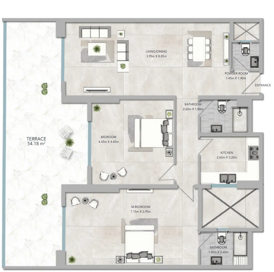 2 bedroom apartments floor plan at Al Aamra 3 Tower