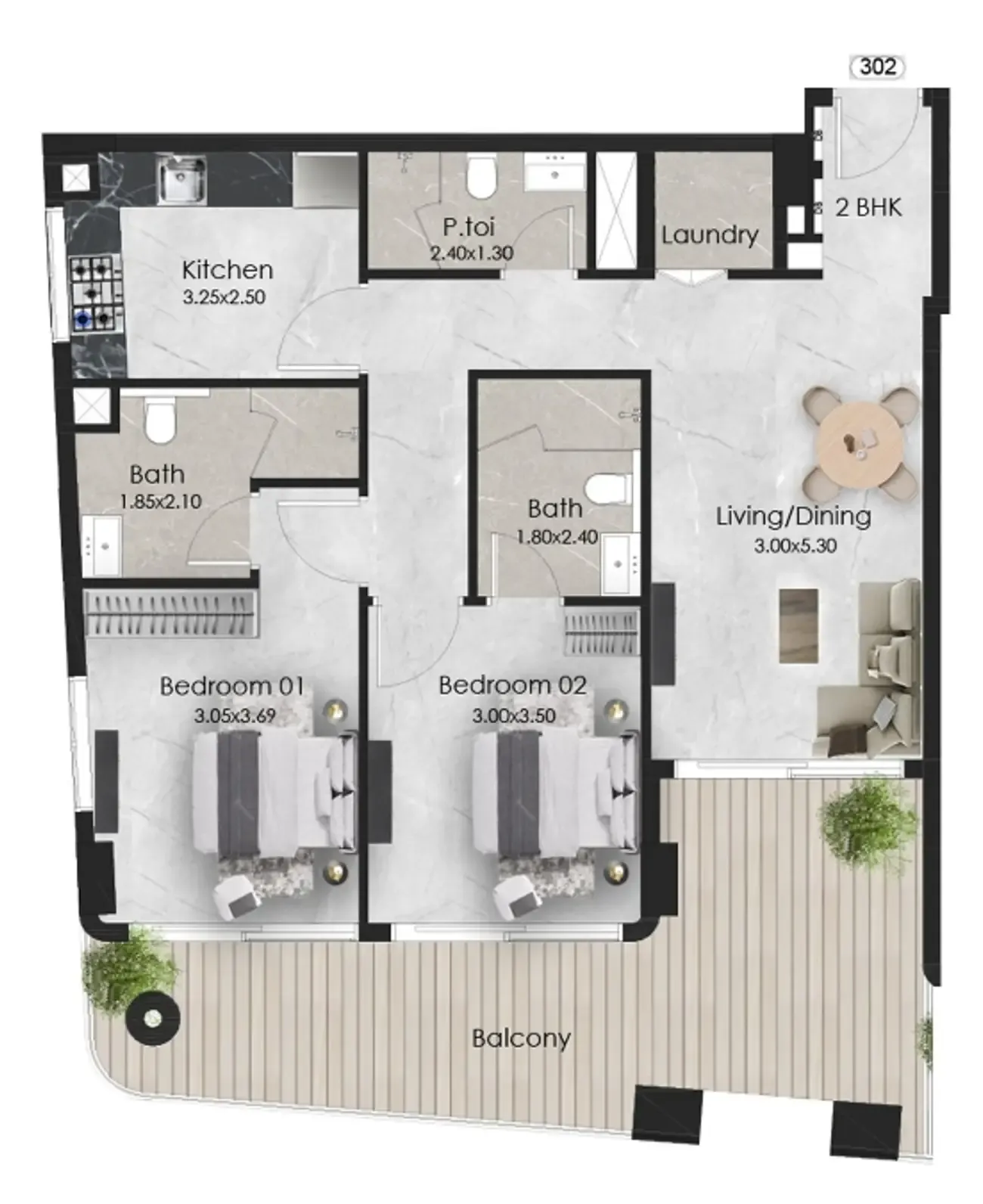 2 bedroom Apartments floor plan at Aristo