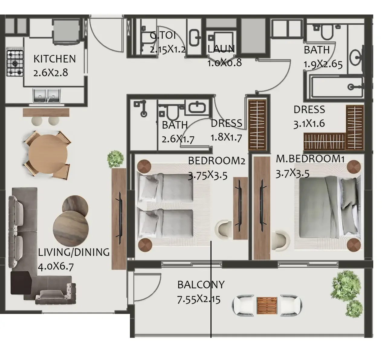2 bedroom Apartments floor plan at Hillside Residences