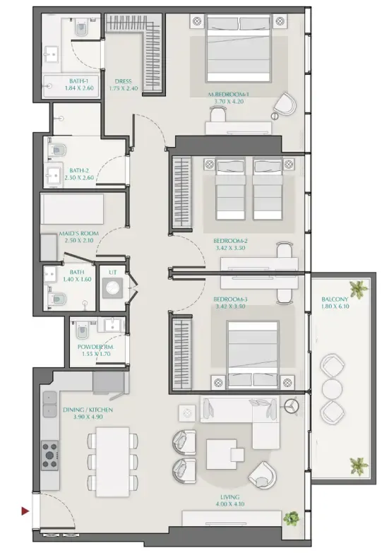 3 bedroom Apartments floor plan at Avenue Park Towers 1 at Wasl 1
