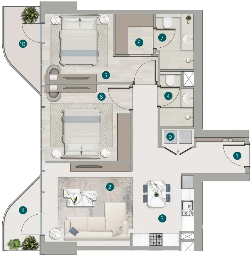 2 bedroom Apartments floor plan at Flora Shore Beachside Residences