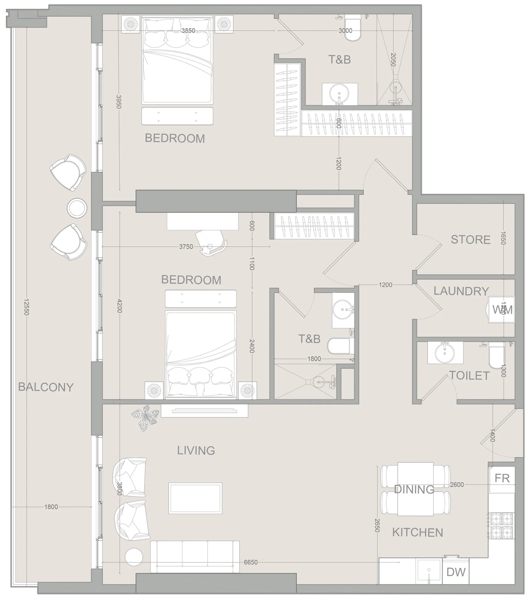 2 bedroom Apartments floor plan at AUREL1A Residence