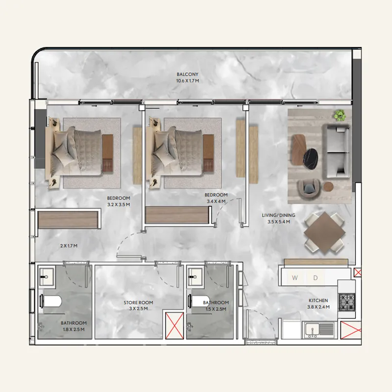 2 bedroom Apartments floor plan at California Residences
