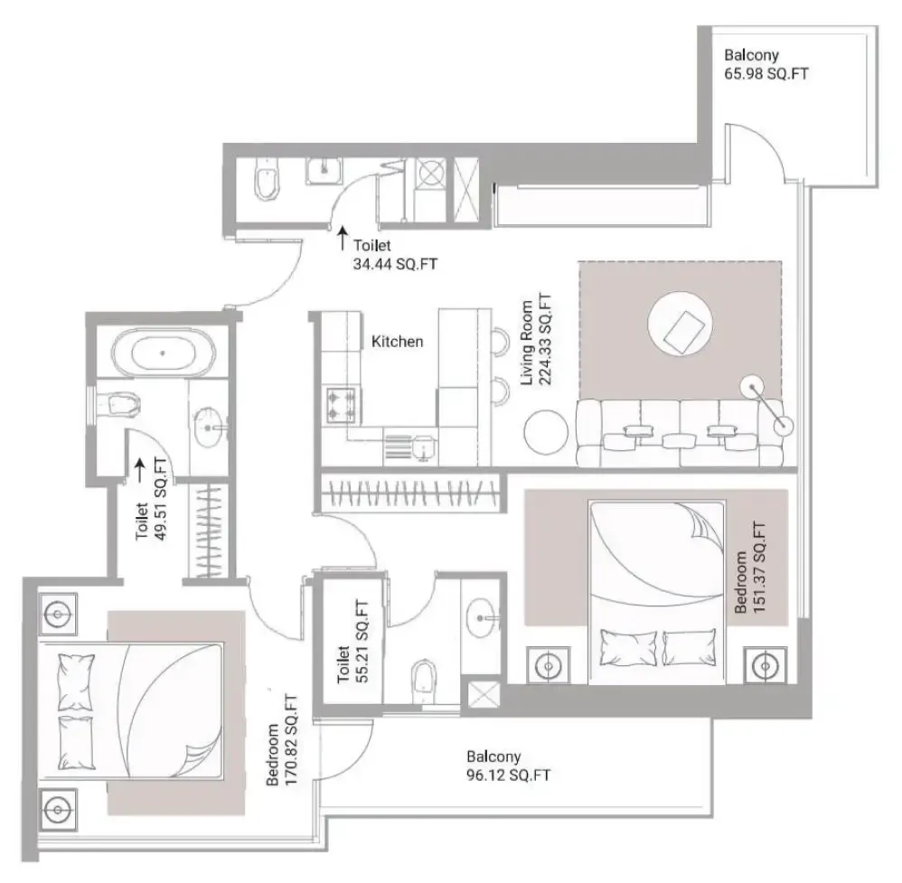 2 bedroom Apartments floor plan at Ajman Creek Towers