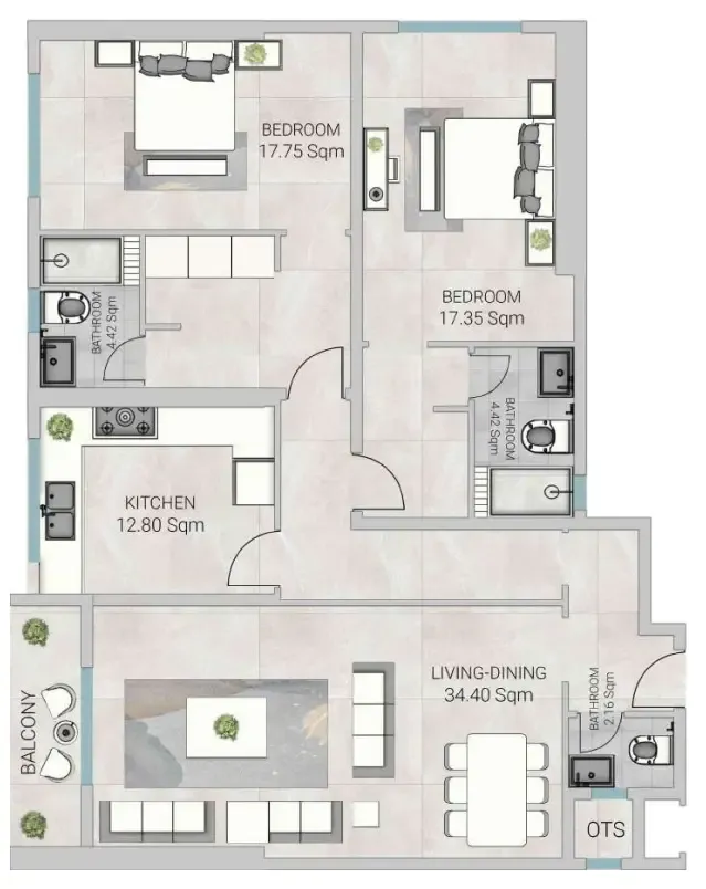 2 bedroom Apartments floor plan at Al Ameera Village 5