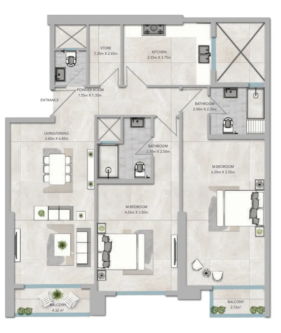 2 bedroom apartments floor plan at Al Aamra 3 Tower