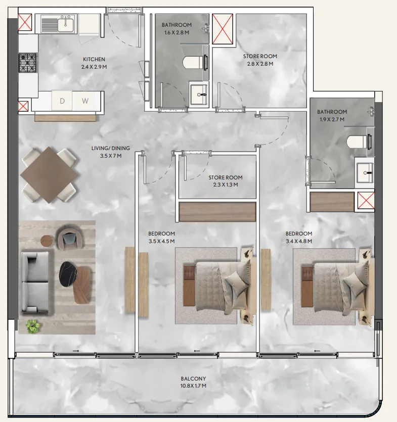 2 bedroom Apartments floor plan at California Residences