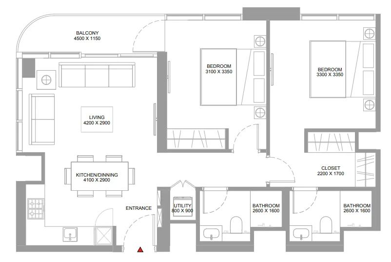 2 bedroom Apartments floor plan at Pristine Beach Residences