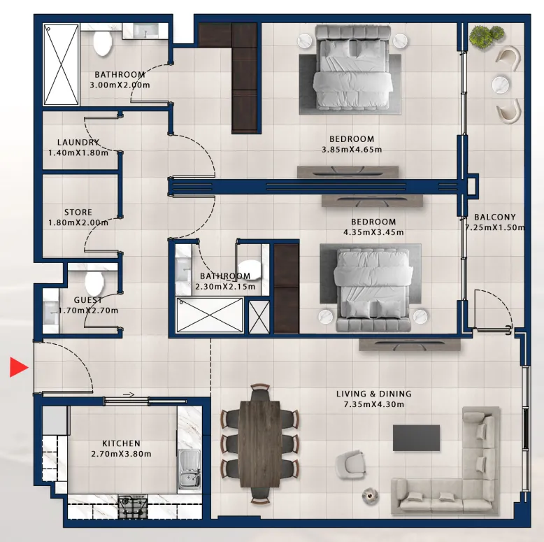 2 bedroom Apartments floor plan at Asayel Avenue