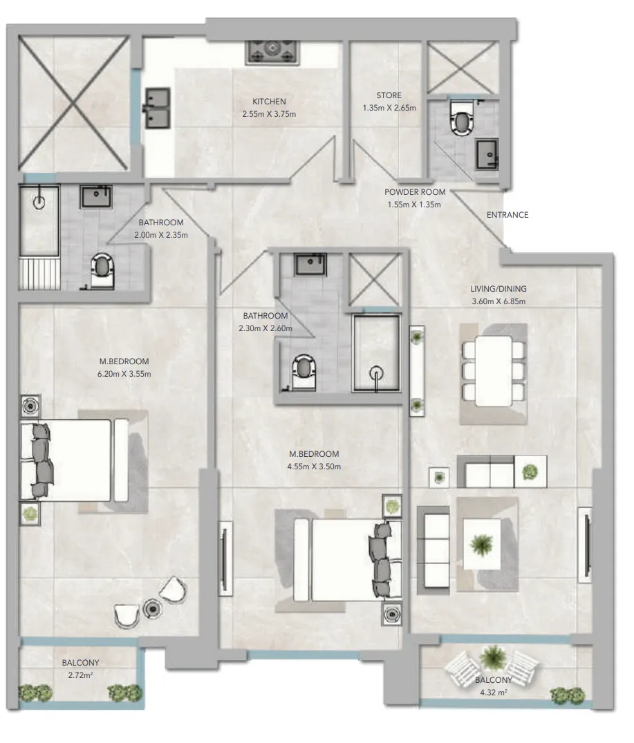 2 bedroom apartments floor plan at Al Aamra 3 Tower