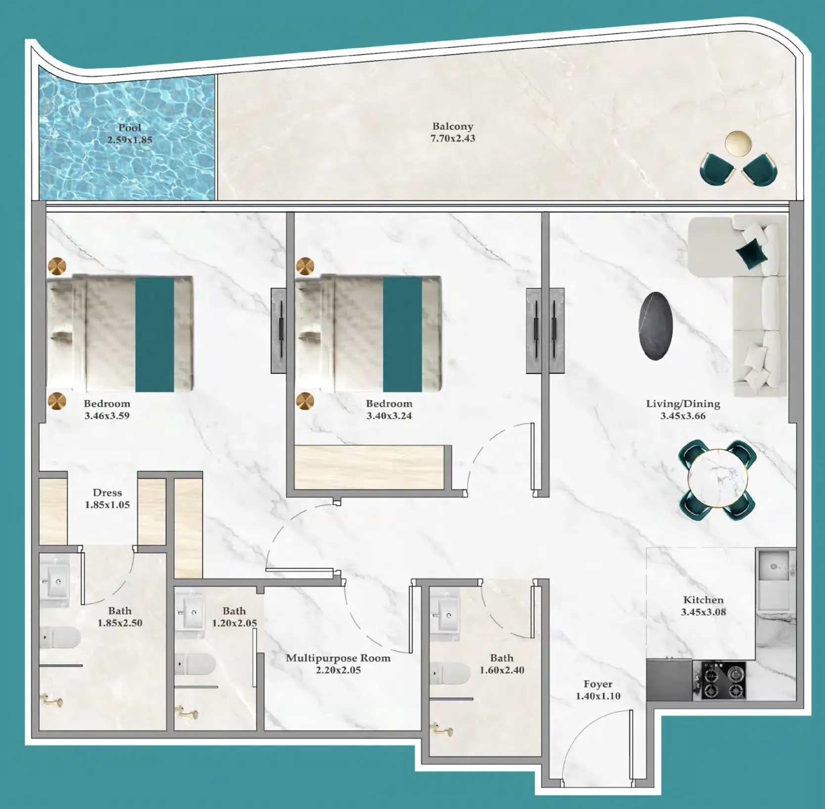2 bedroom Apartments floor plan at Breez