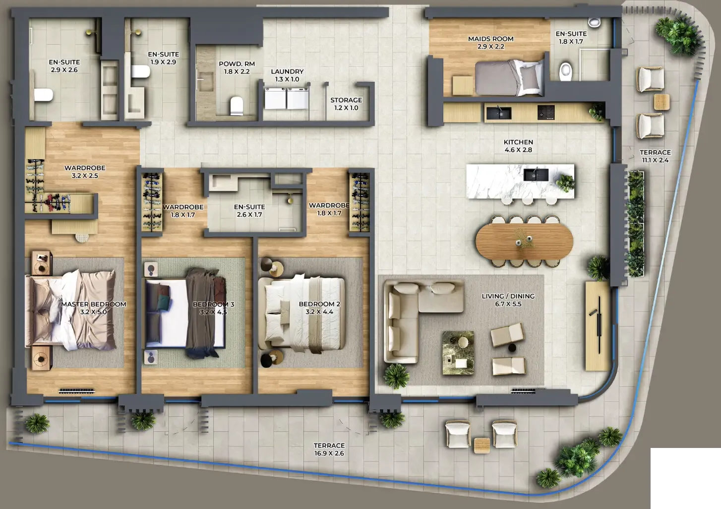 3 bedroom Apartments floor plan at The Cape