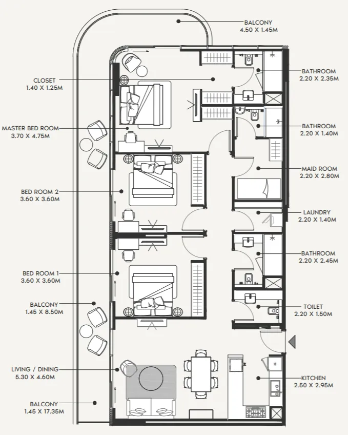 3 bedroom Apartments floor plan at Azizi Amir