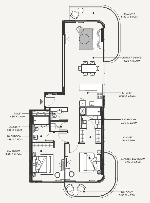 2 bedroom Apartments floor plan at Azizi Amir