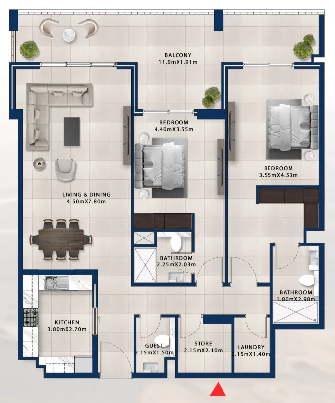 2 bedroom Apartments floor plan at Asayel Avenue