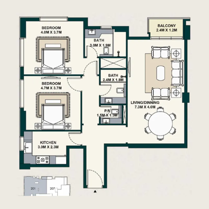 2 bedroom Apartments floor plan at Exotica by Al Marina