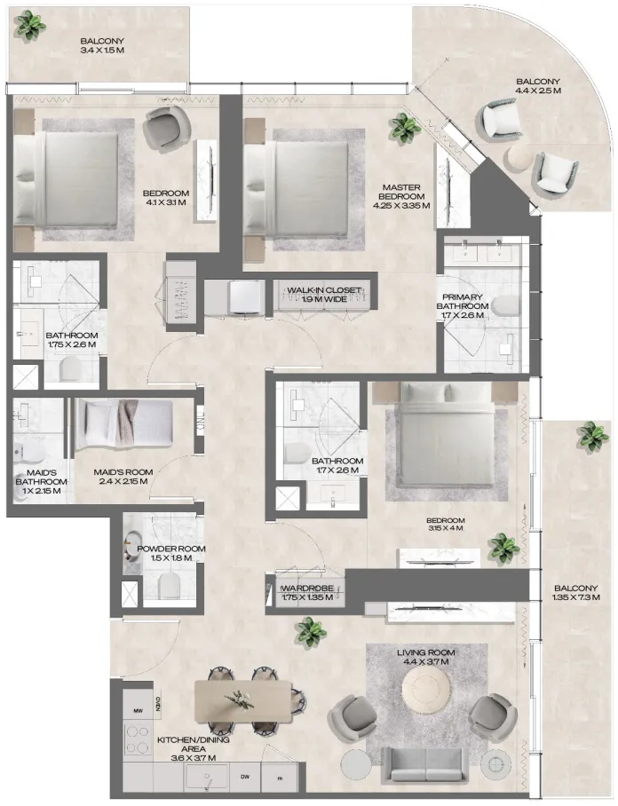 3 bedroom Apartments floor plan at DWTN Residences
