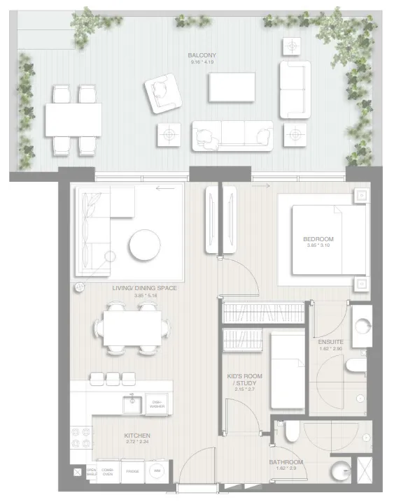 1.5 bedroom Apartments floor plan at Sol Levante