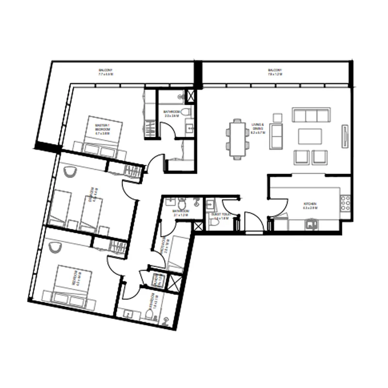 3 bedroom Apartments floor plan at Nesba 1 Aljada