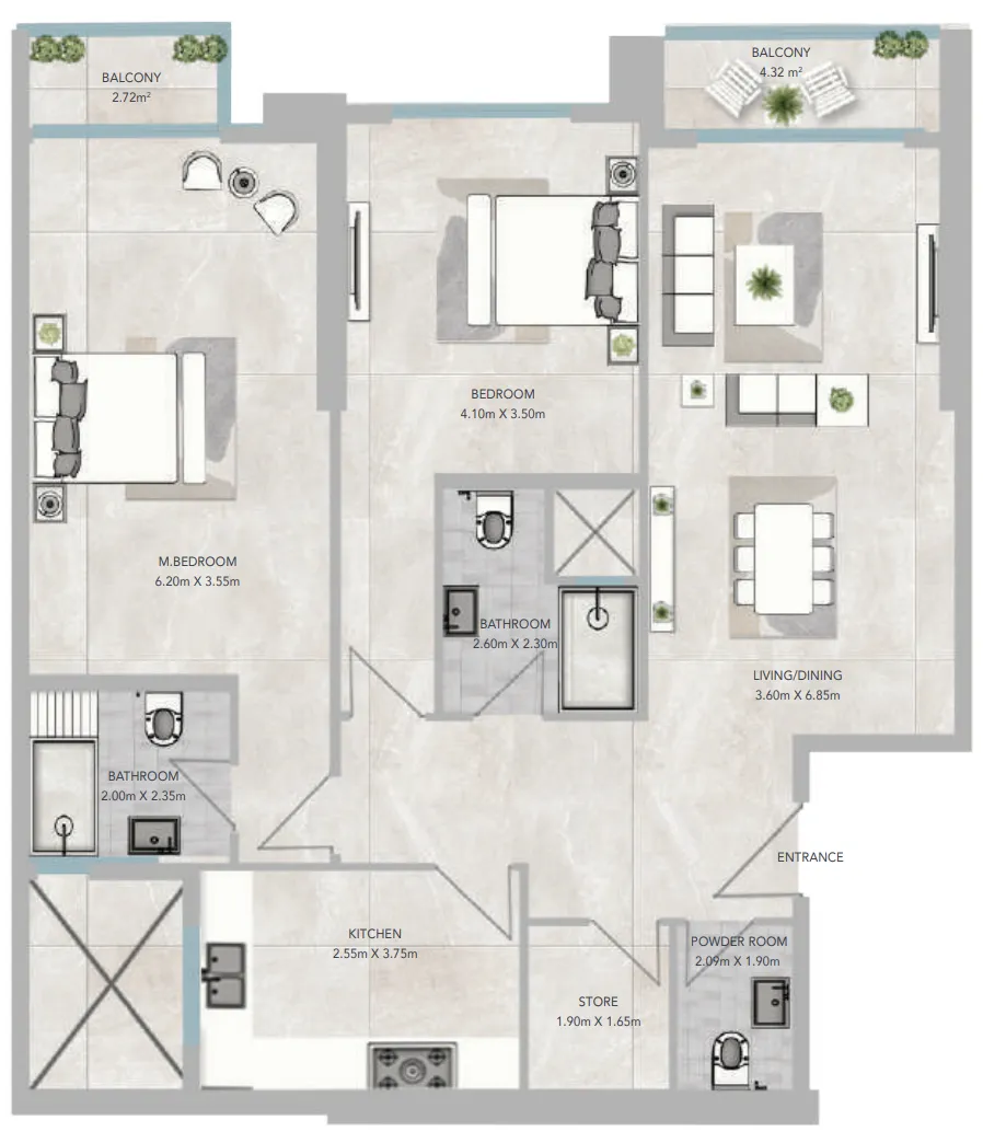 2 bedroom apartments floor plan at Al Aamra 3 Tower